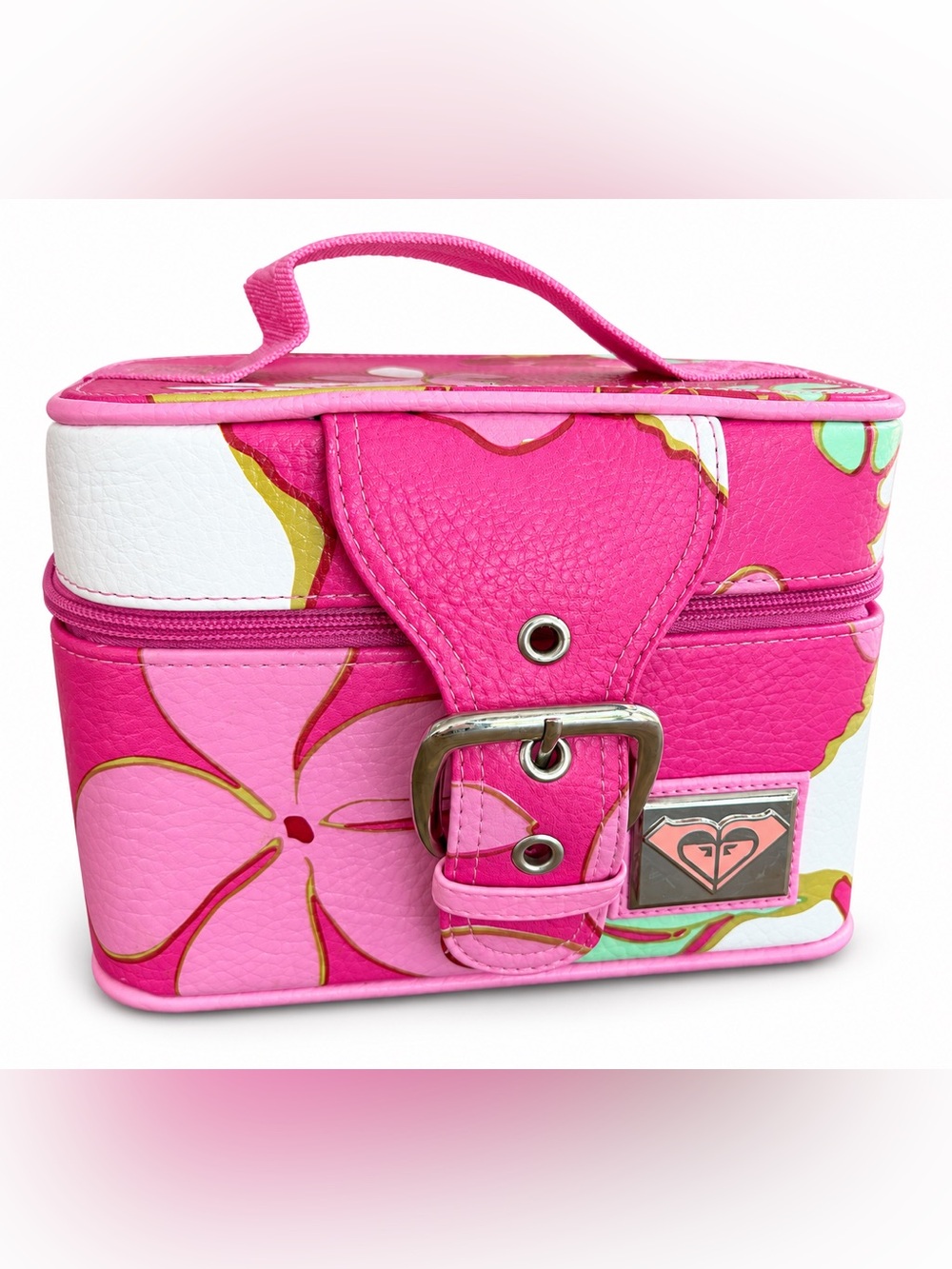 Vintage Y2K Roxy Pink Floral Vanity Train Case Cosmetic Makeup Bag